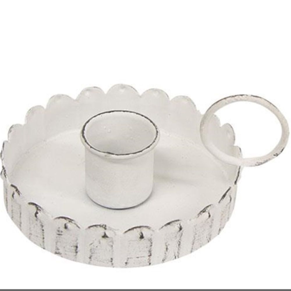 Two Farmhouse Distressed White Metal Taper Candle Holders Set Cottagecore Rustic